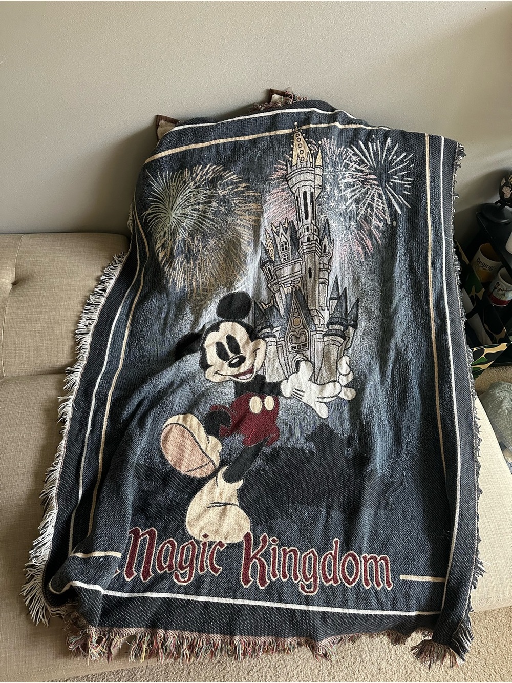Disney Mickey Mouse Magic Kingdom Castle Fireworks Throw Fringe Blanket